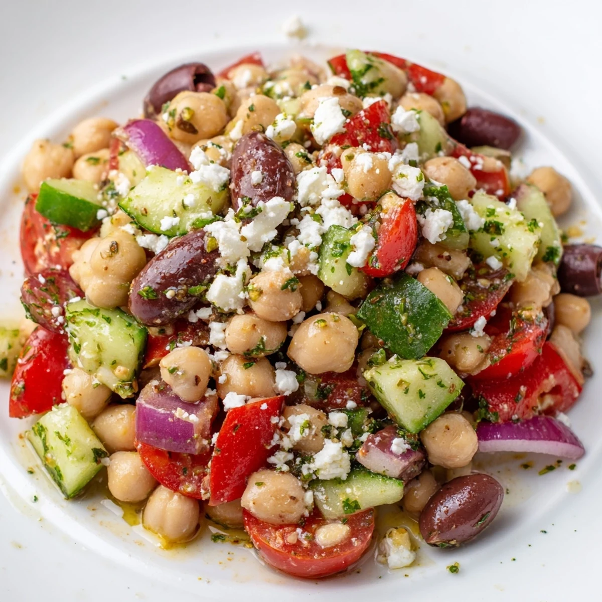 Fresh Mediterranean Dense Bean Salad topped with parsley and olives, perfect for a healthy weekday lunch.