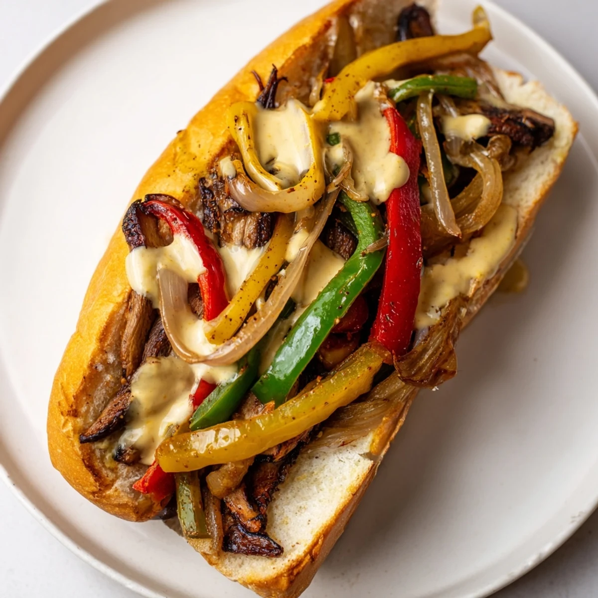 Golden toasted hoagie rolls stuffed with savory mushroom pepper mixture and creamy vegan cheese sauce, making a perfect Vegan Philly Cheesesteaks.