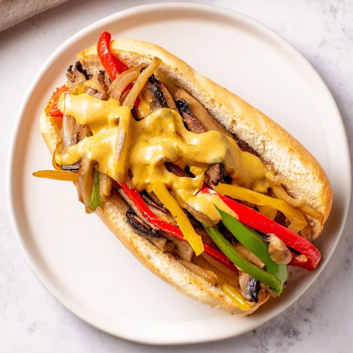 A close-up of a hearty Vegan Philly Cheesesteaks with melted vegan cheese drizzled over colorful vegetables inside a soft, toasted sub roll.