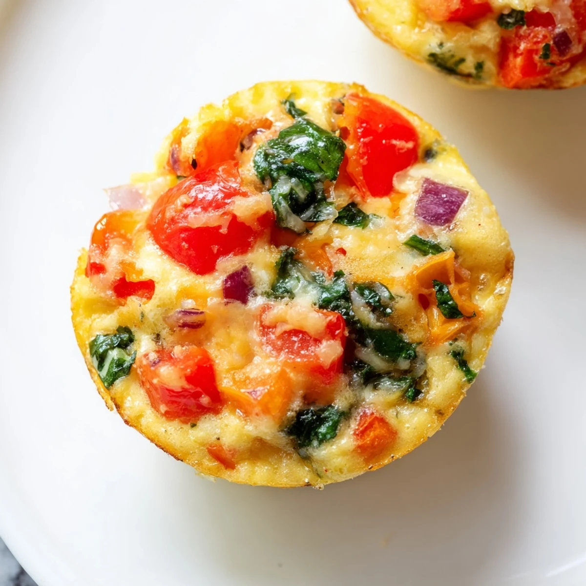 Freshly baked Best Frittata Egg Muffins on a plate, with fluffy texture and melted cheese peeking from inside.