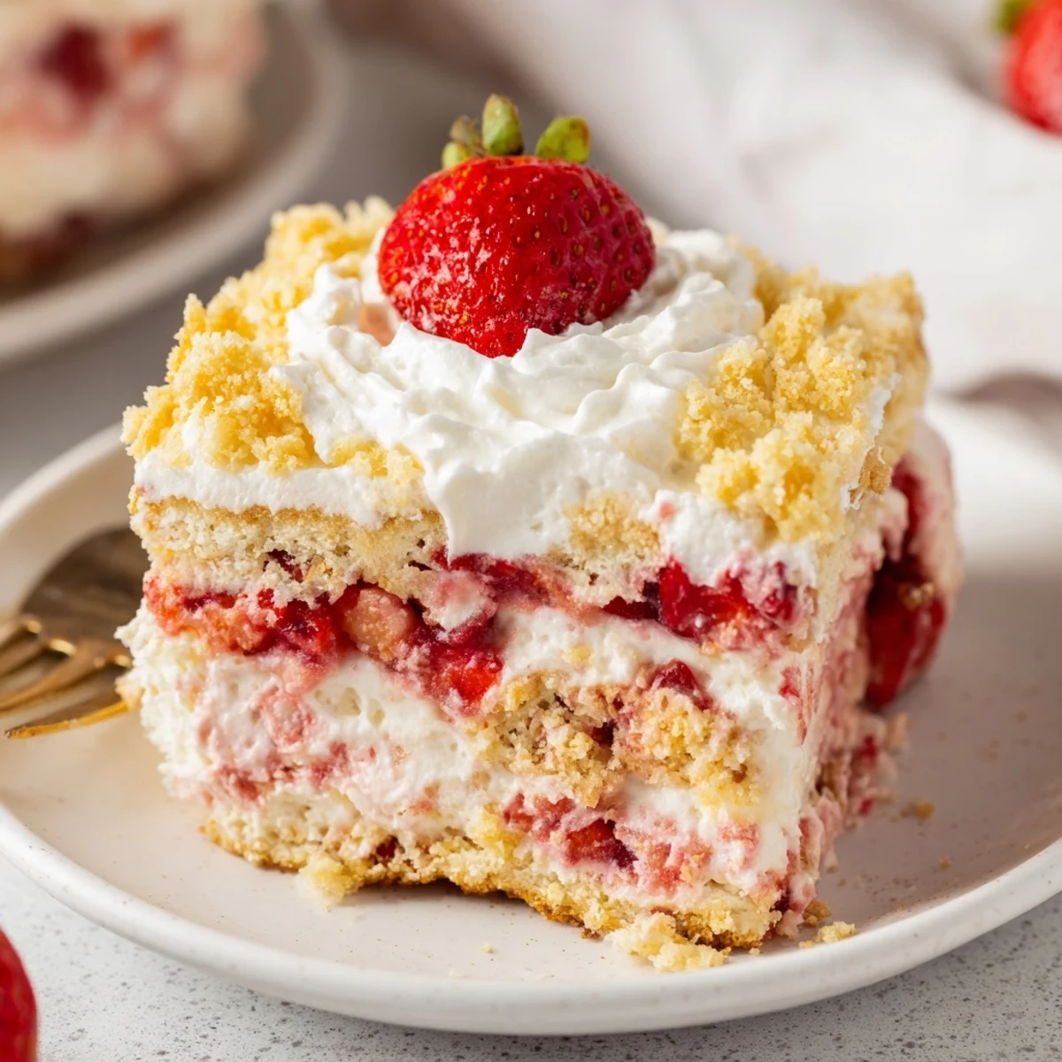 A slice of Easy Strawberry Shortcake Ice Cream Cake showcases layers of vanilla ice cream and fresh strawberries on a shortcake crumble crust, topped with whipped cream.