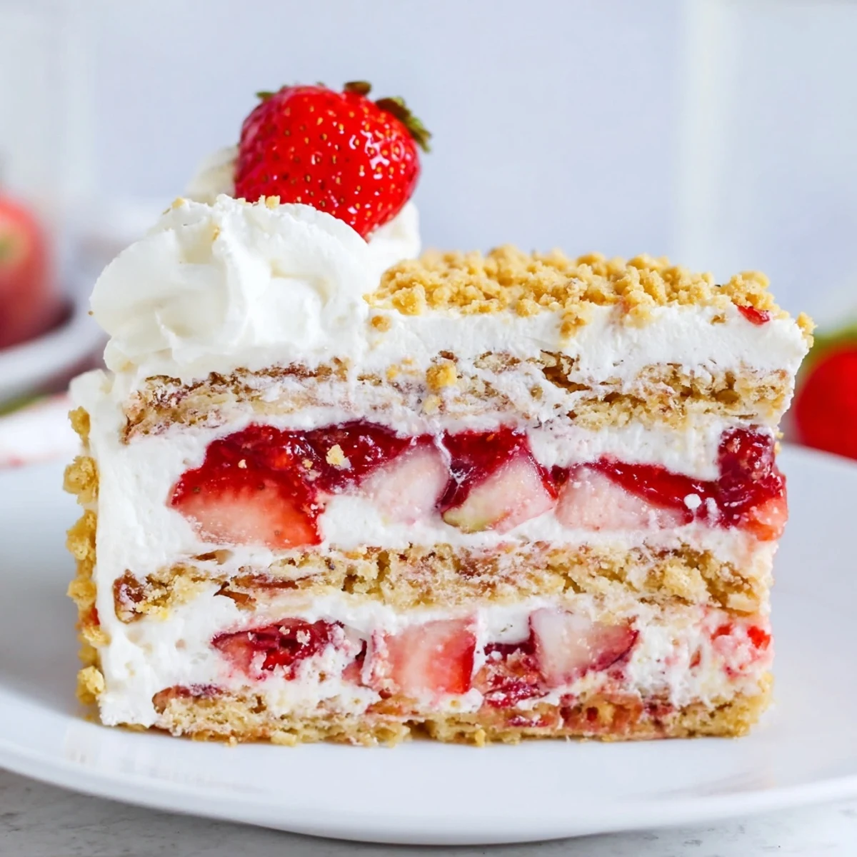 Served chilled from the freezer, this Easy Strawberry Shortcake Ice Cream Cake features creamy vanilla layers, sweet strawberry filling, and a buttery crumble topping perfect for summer.