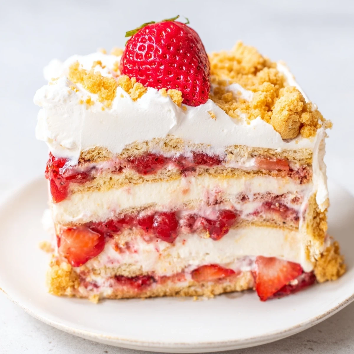 Easy Strawberry Shortcake Ice Cream Cake displayed in a springform pan with a dollop of whipped cream and vibrant chopped strawberries on top, ready to slice.