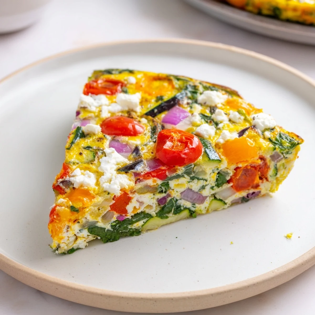 A close-up of the Veggie Air Fryer Frittata in a pan, showing golden edges and colorful chopped veggies inside.