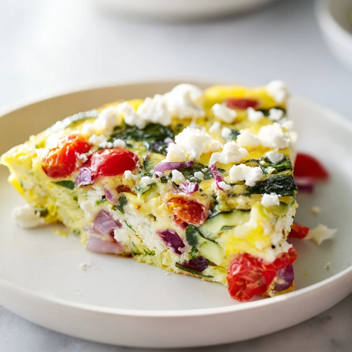 Freshly cooked Veggie Air Fryer Frittata slice on a white plate, served beside a small mixed green salad.