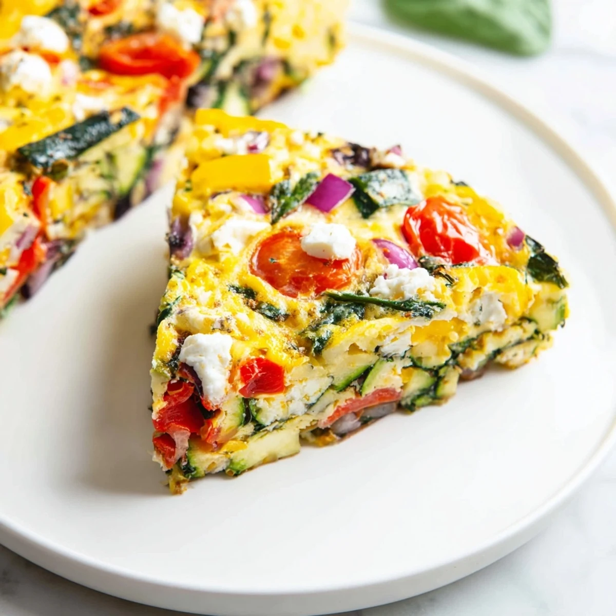 The fluffy Veggie Air Fryer Frittata with visible red peppers and spinach, steam rising from the warm, protein-packed breakfast.