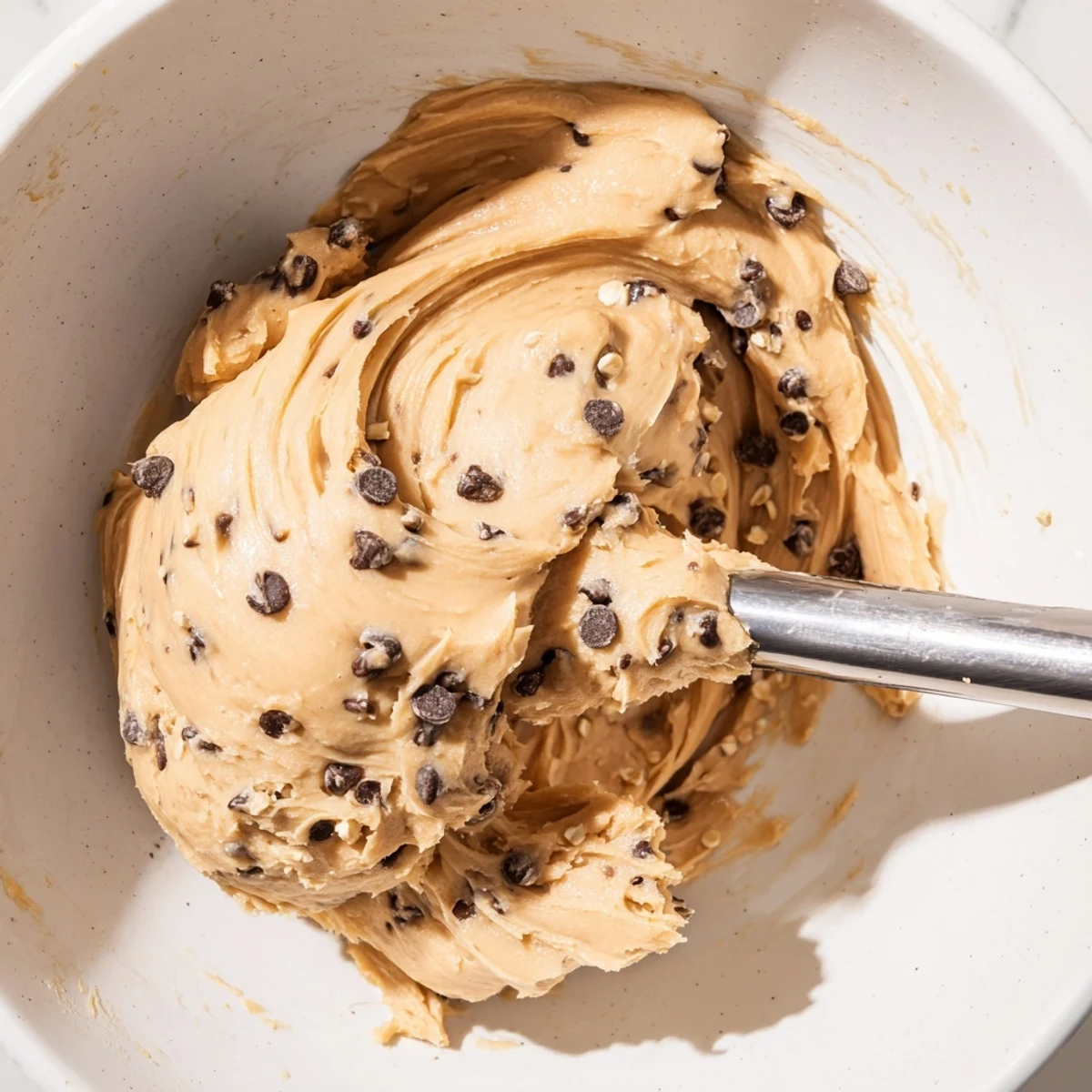 A close-up of Chocolate Chip Greek Yogurt Cookie Dough showing creamy texture and mini chocolate chips in a bowl.