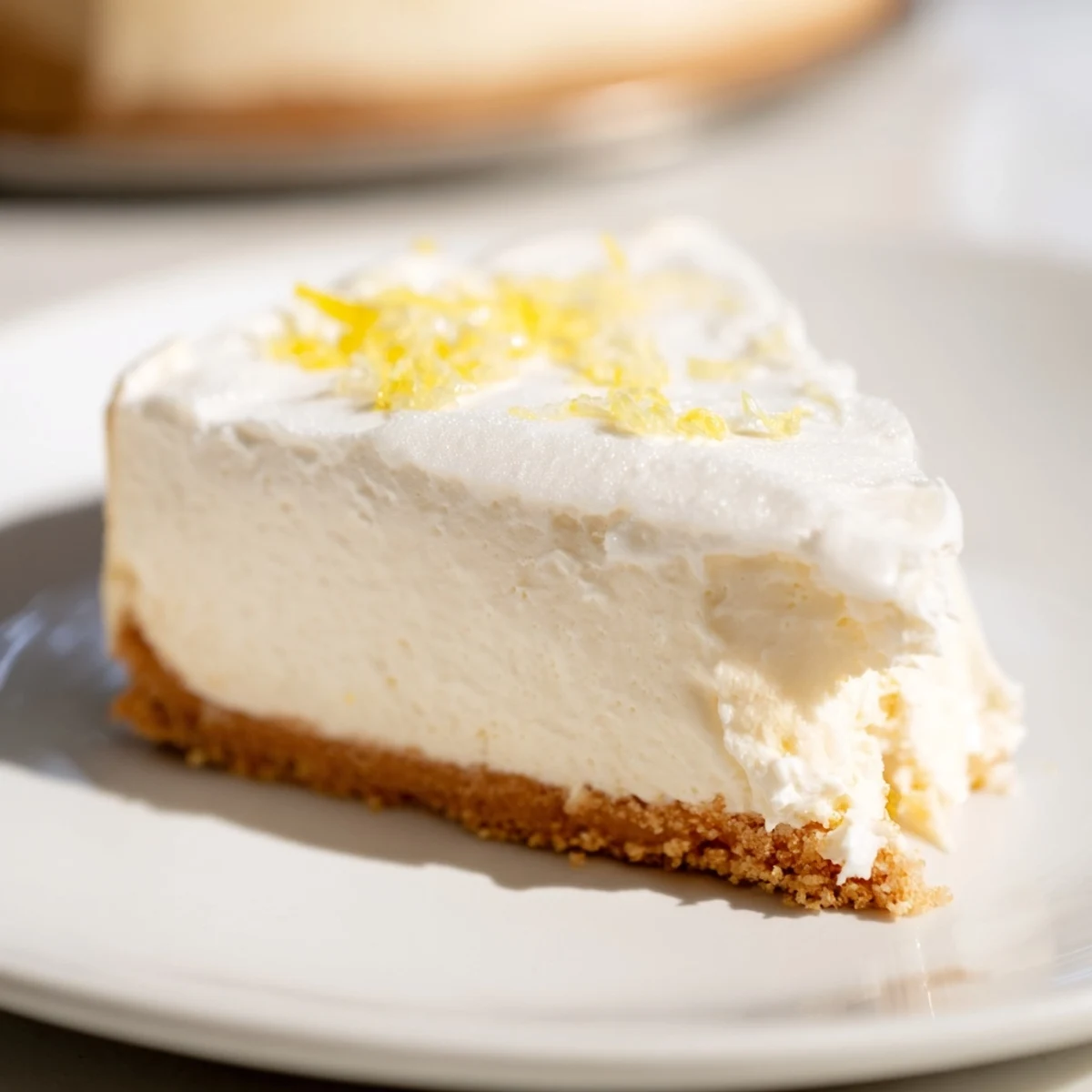 Served on a white plate, the Rich Greek Yogurt Cheesecake is garnished with fresh berries.