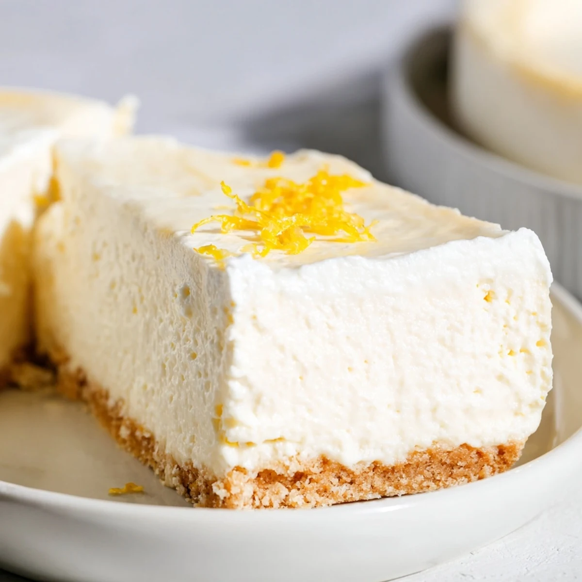A slice of Rich Greek Yogurt Cheesecake with a graham cracker crust and tangy creamy texture.