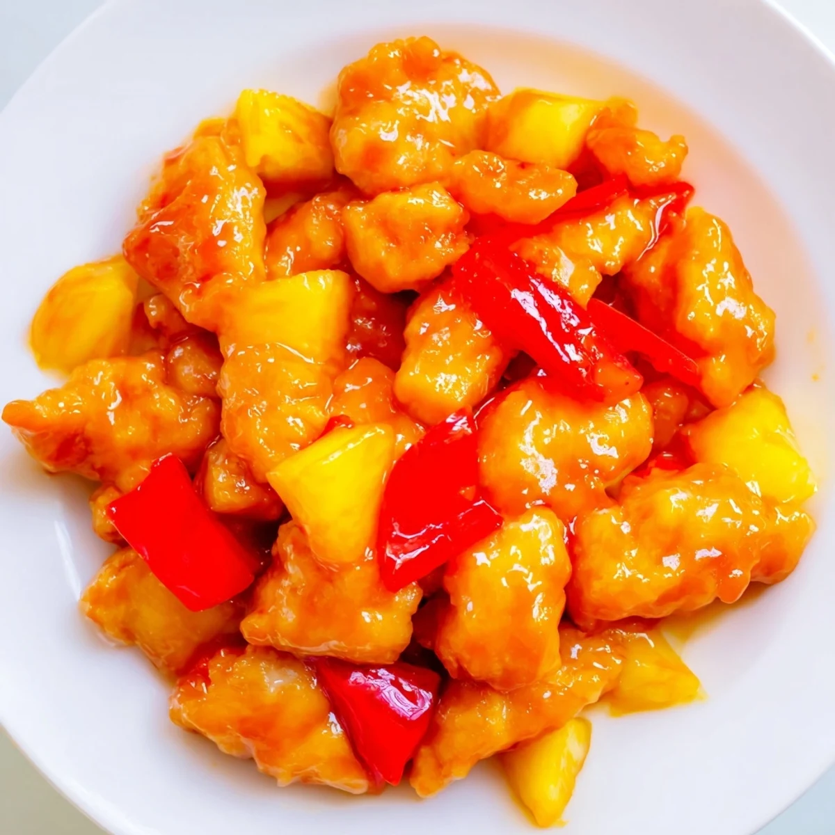 Slow cooker pineapple chicken with tender pieces simmered in a sweet, tangy sauce served over rice.