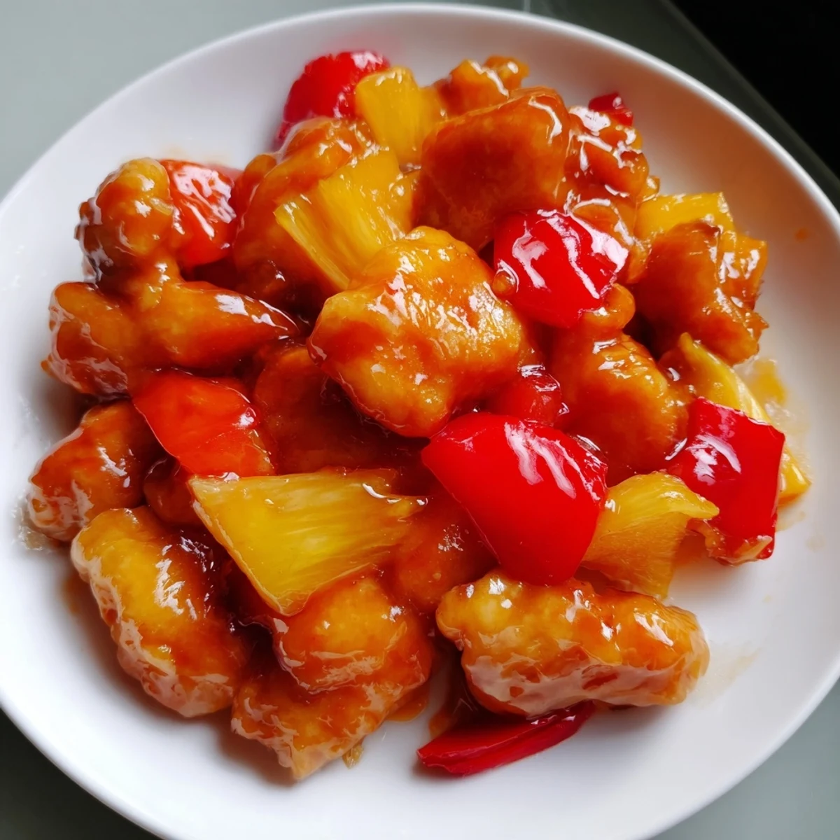 Sweet Hawaiian Crockpot Chicken glazed with pineapple juice and soy sauce, garnished with peppers and sesame seeds.