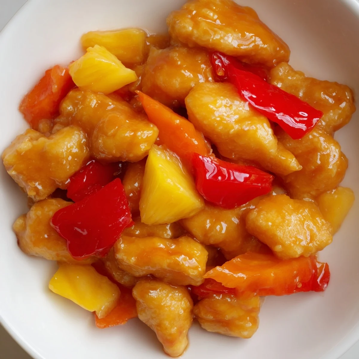 Tender slow-cooked chicken thighs with pineapple chunks, peppers, and onions in a thickened sweet sauce for dinner.