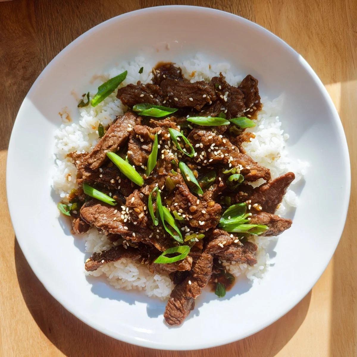 Ultimate Slow Cooker Mongolian Beef served over steamed rice with chopsticks and bright green onions.