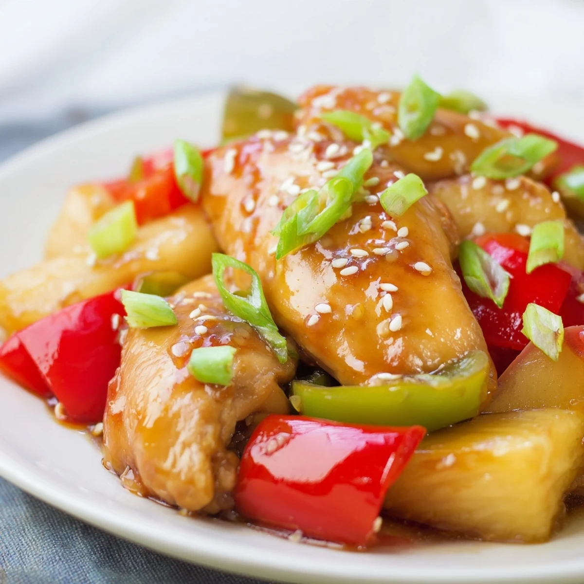 A close-up of Slow Cooker Hawaiian Pineapple Chicken served over fluffy white rice with green onions and sesame seeds.