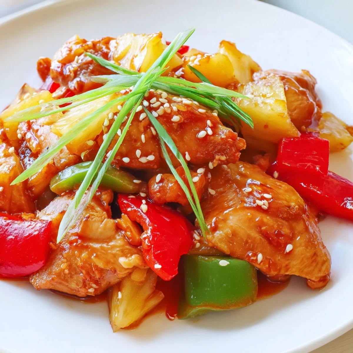 Garnished Slow Cooker Hawaiian Pineapple Chicken in a slow cooker with juicy thighs, bell peppers, and pineapple in a glossy sauce.