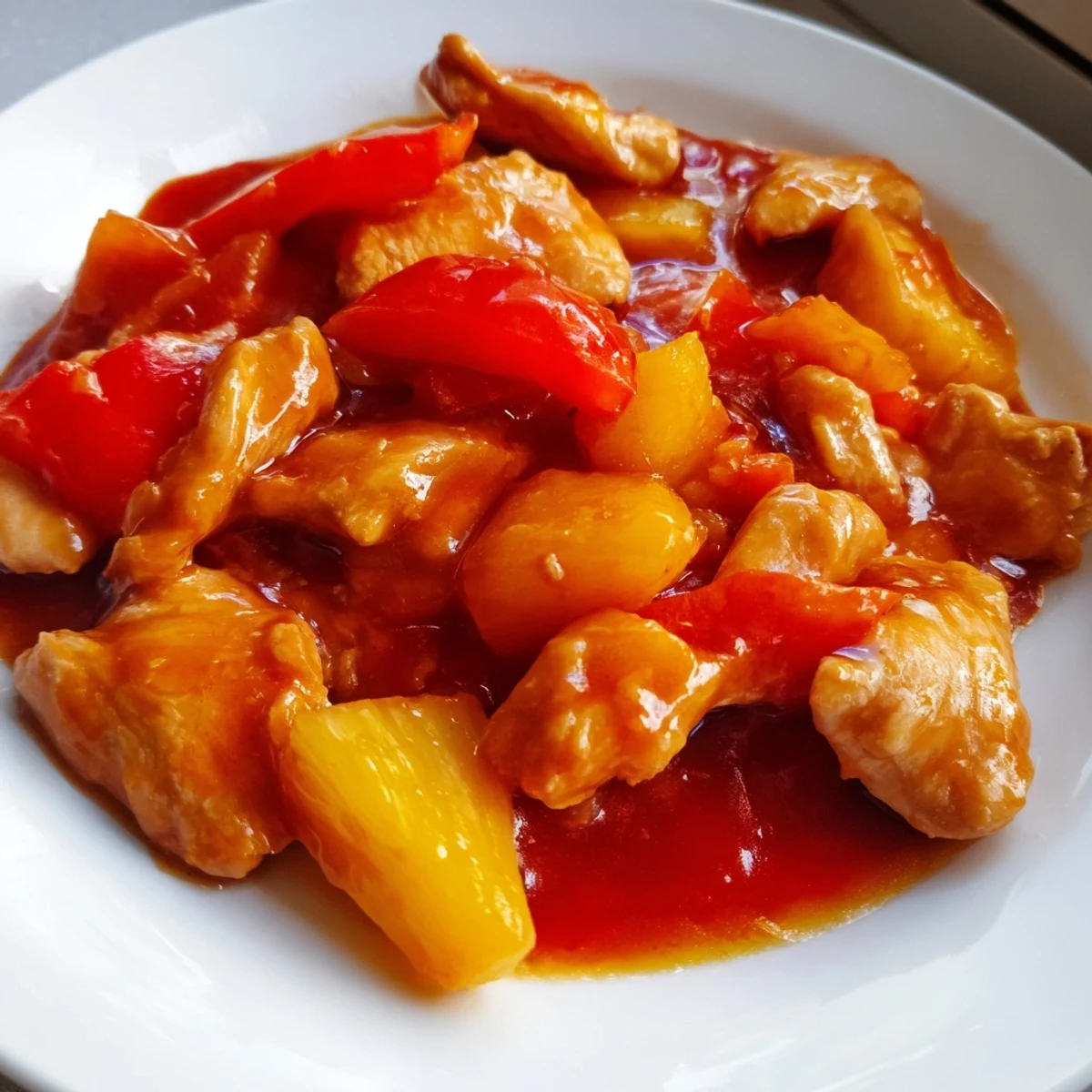 A close-up of Sweet Hawaiian Crockpot Chicken with tender shredded meat, juicy pineapple chunks, and vibrant red and green bell peppers served over fluffy white rice.
