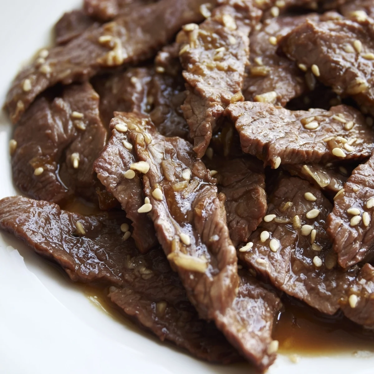 Perfectly tender Ultimate Slow Cooker Mongolian Beef slices glisten with a savory-sweet sauce.