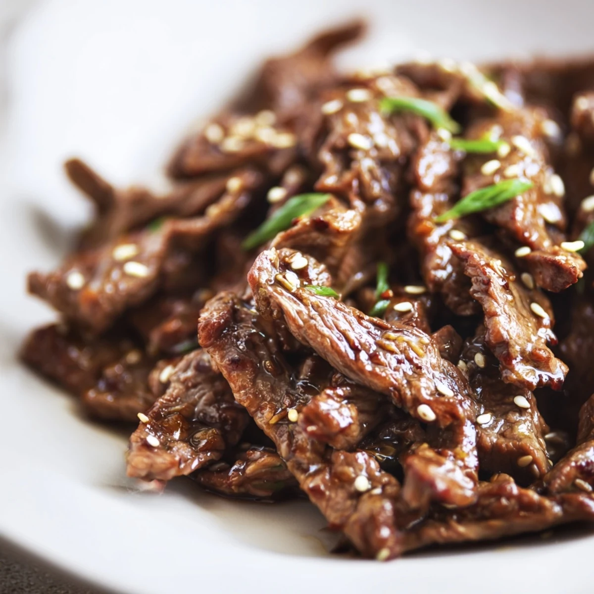 Garnished with green onions and sesame seeds, this Ultimate Slow Cooker Mongolian Beef looks irresistible.