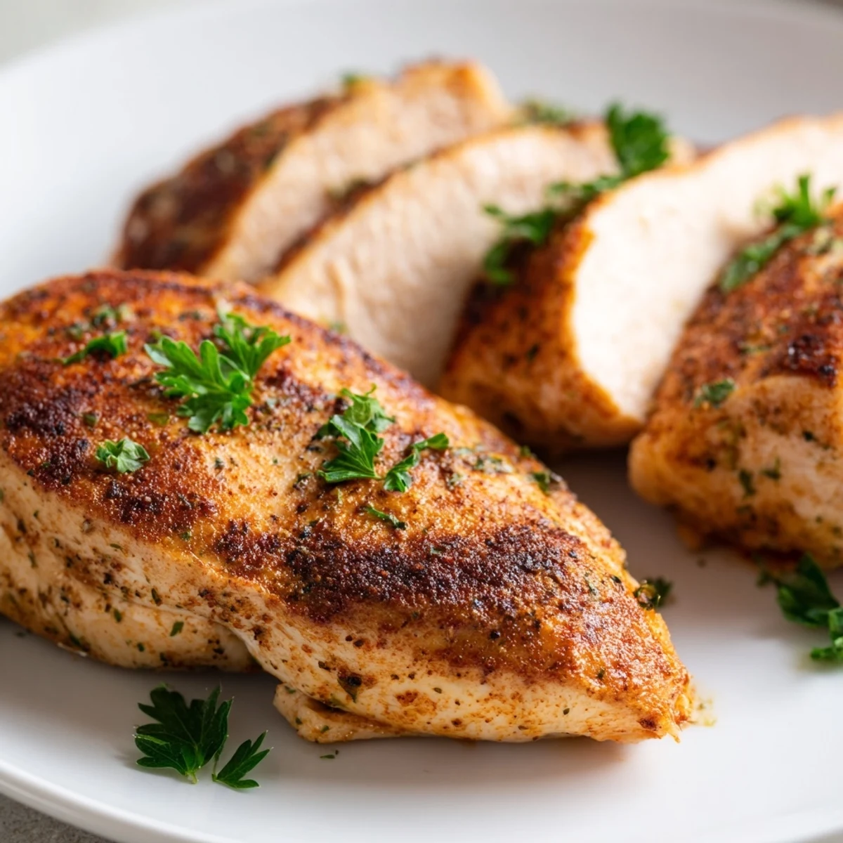 A close-up of seasoned Oven Baked Chicken Breasts shows juicy, tender meat with a smoky paprika crust.