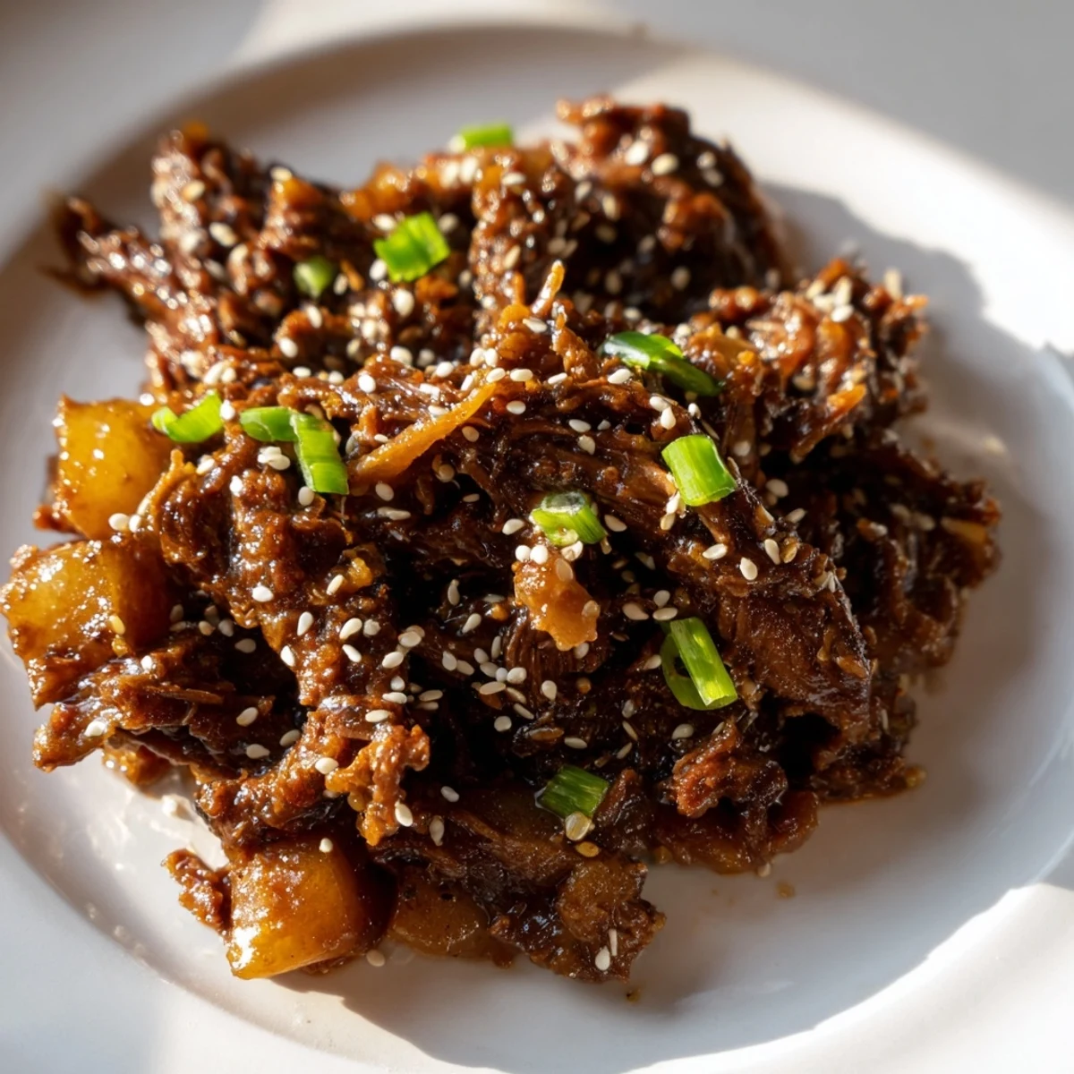 Tender shredded Crock Pot Korean Beef simmered in a sweet and savory sauce, served over fluffy jasmine rice with green onions and sesame seeds.