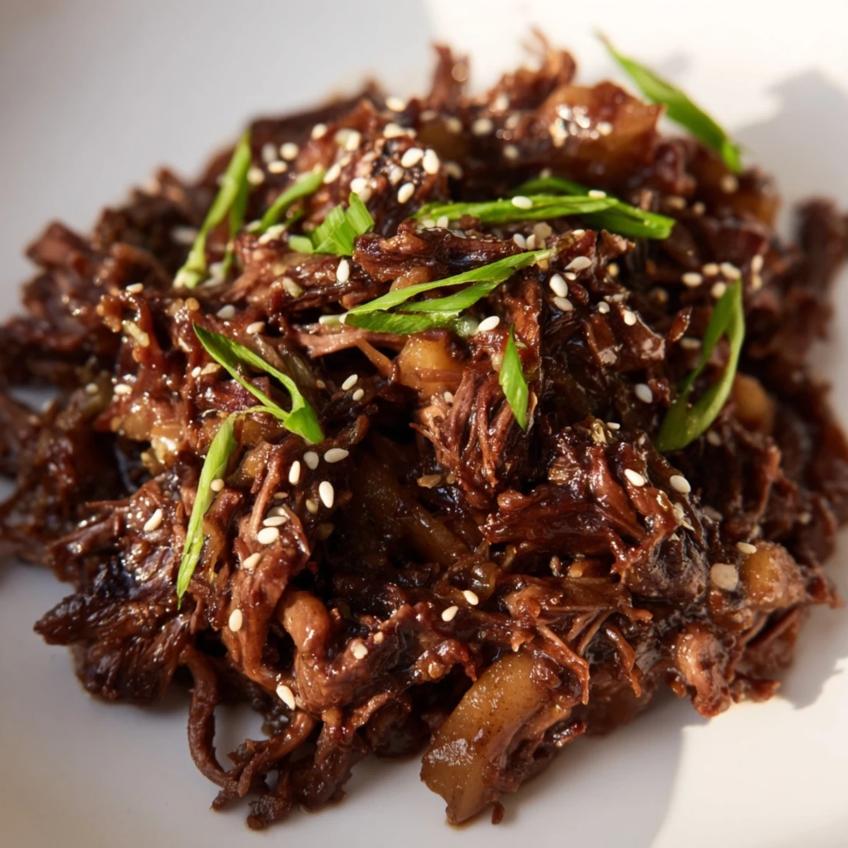 Slow cooker Korean beef recipe with juicy tender meat in a thick, aromatic sauce, garnished with sesame seeds and fresh scallions on steamed rice.