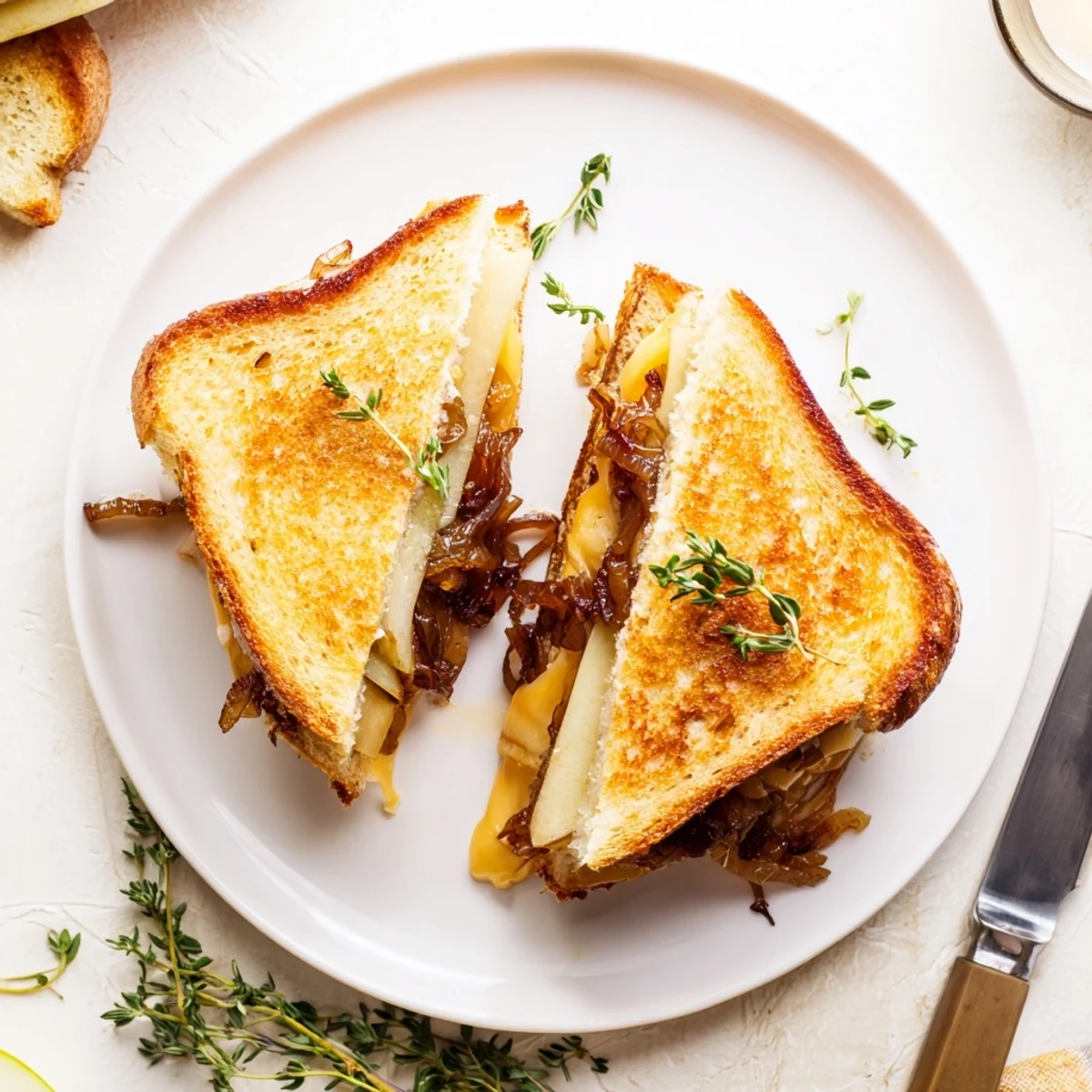 Close-up of a vegetarian Pear, Apple & Grazzed Cheese with Caramelized Onions cut in half, revealing layers of fruit and cheese.