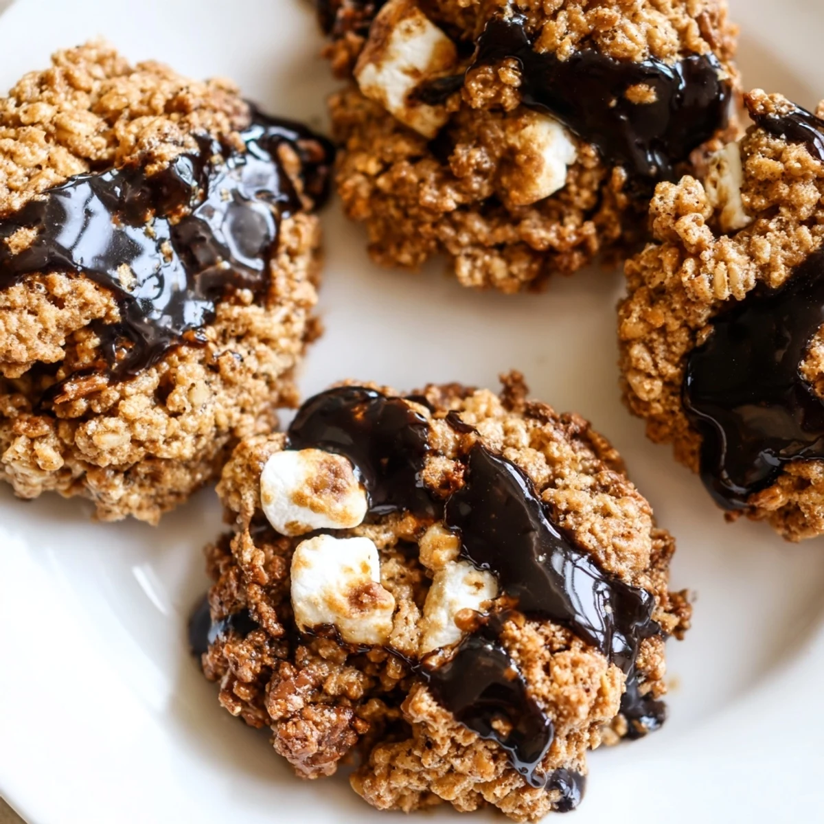 Golden No Bake Coffee Crunch Rice Krispie Cookies stacked on a white plate, drizzled with chocolate, ready to serve with hot coffee.