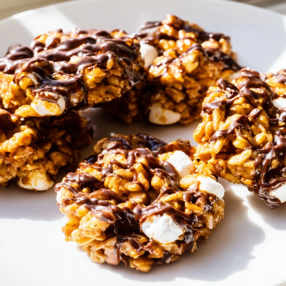 Close-up of No Bake Coffee Crunch Rice Krispie Cookies with toasted pecans, highlighting chewy coffee-flavored centers on a marble counter.