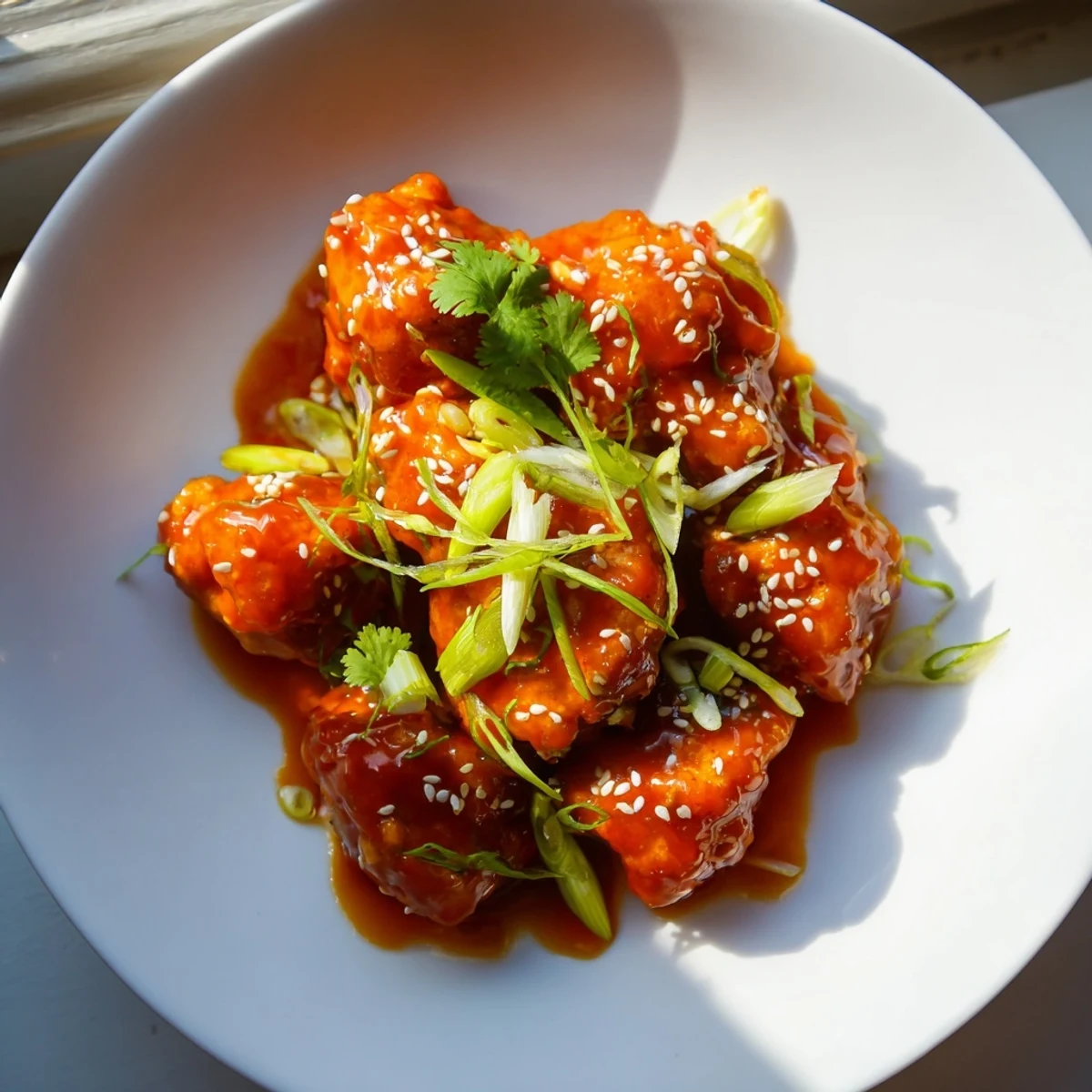 A close-up of Sweet and Spicy Thai Chicken glazed in a vibrant, sticky sauce, garnished with fresh cilantro and sesame seeds.