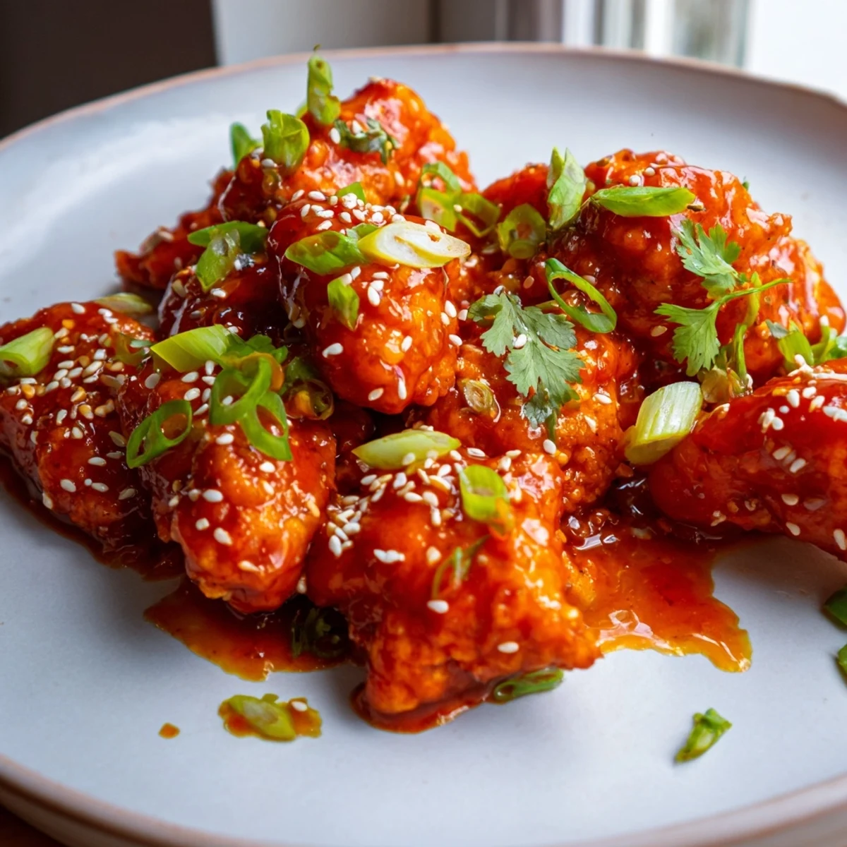 Golden pieces of Sweet and Spicy Thai Chicken sizzling in a skillet, tossed with a glossy, sweet-and-spicy Thai-inspired sauce.