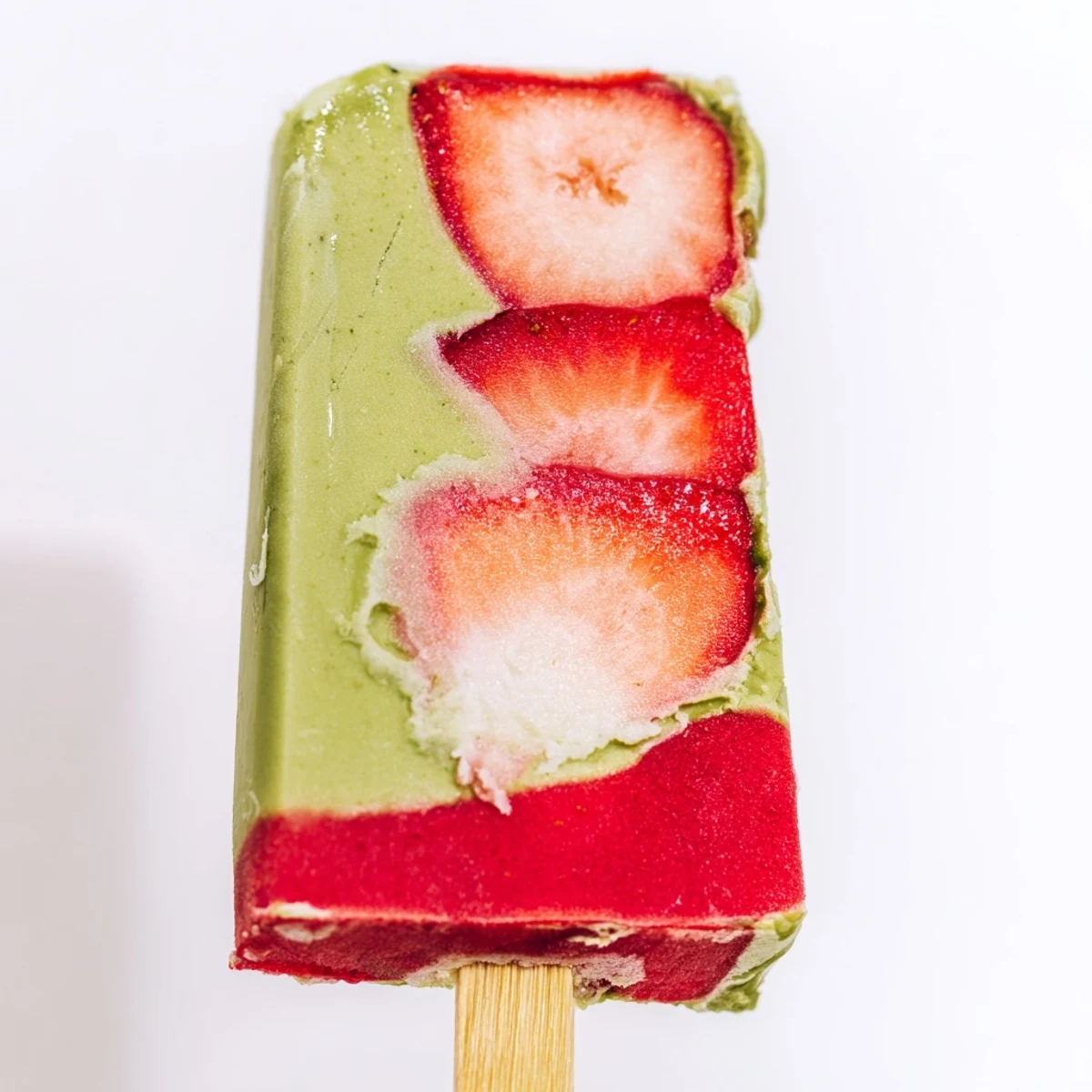 Vibrant red and green striped Strawberry Matcha Latte Popsicles held against a sunny outdoor backdrop, with fresh berries and matcha powder nearby.  