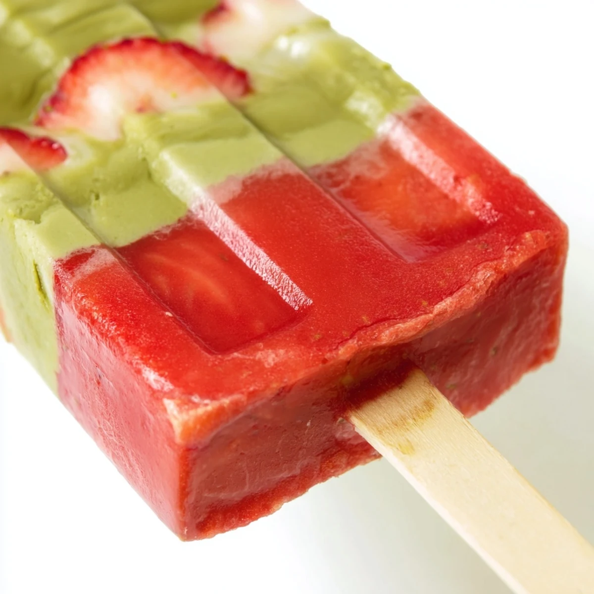 Homemade Strawberry Matcha Latte Popsicles melting slightly on a wooden board, garnished with mint and sliced strawberries.