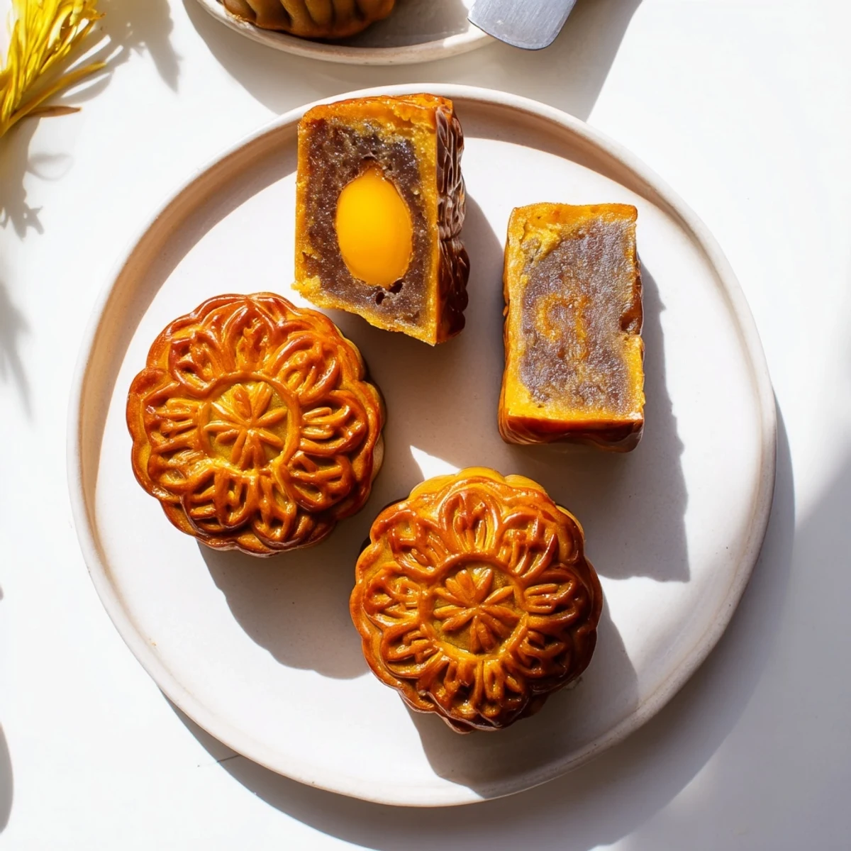 A freshly baked mooncake is cut in half, revealing a rich lotus seed filling and optional salted egg yolk center. 
