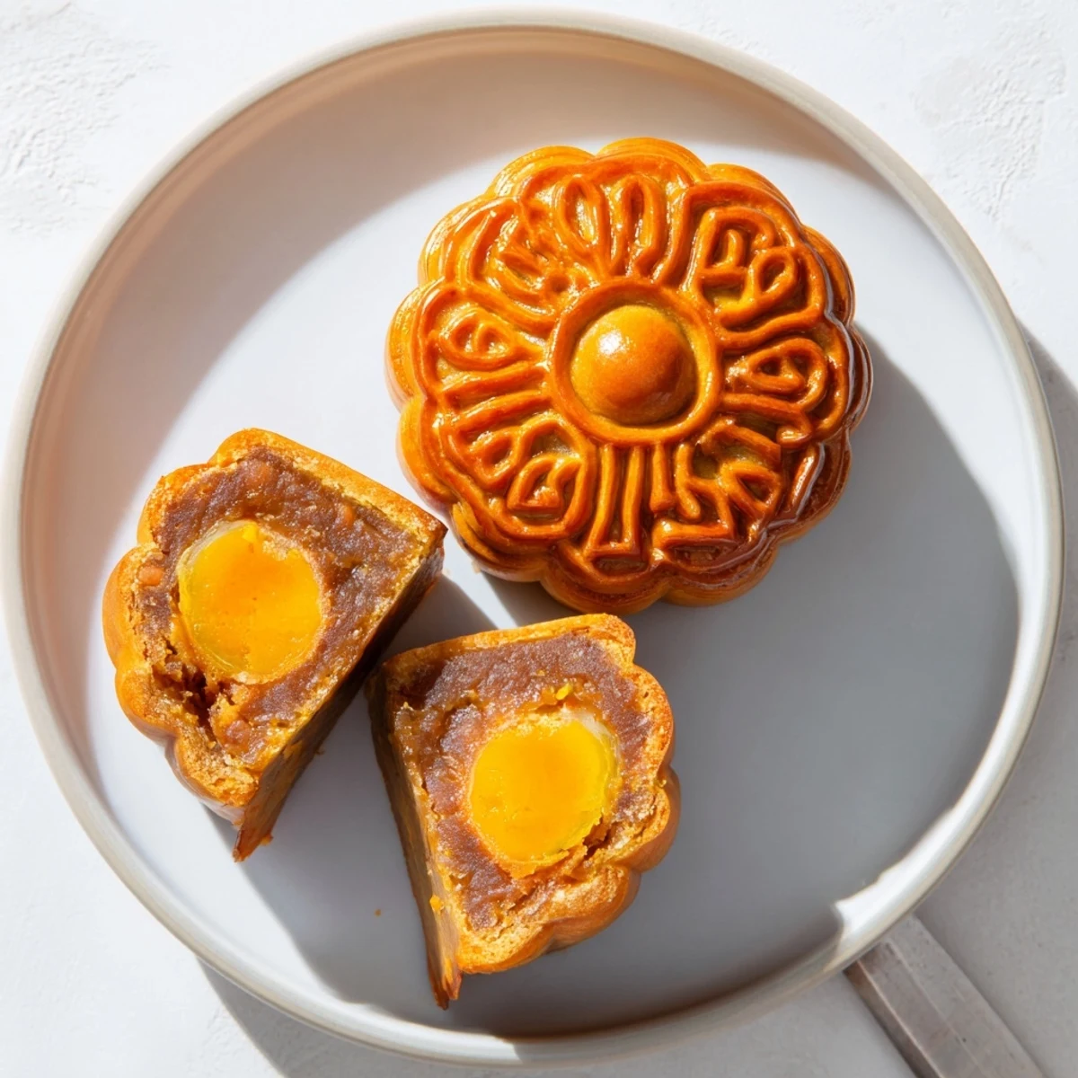 Twelve traditional mooncakes are arranged on parchment paper, showcasing their tender pastry skin and beautifully imprinted design.