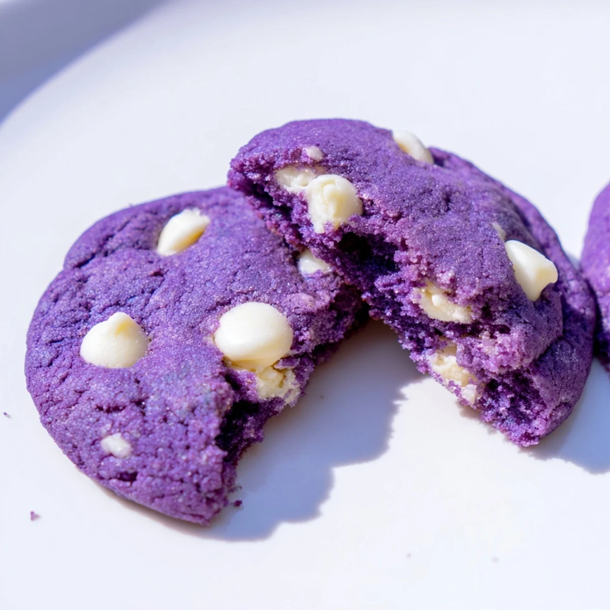 Freshly baked White Chocolate Ube Cookies with vibrant purple hue and creamy white chocolate chips on a cooling rack.