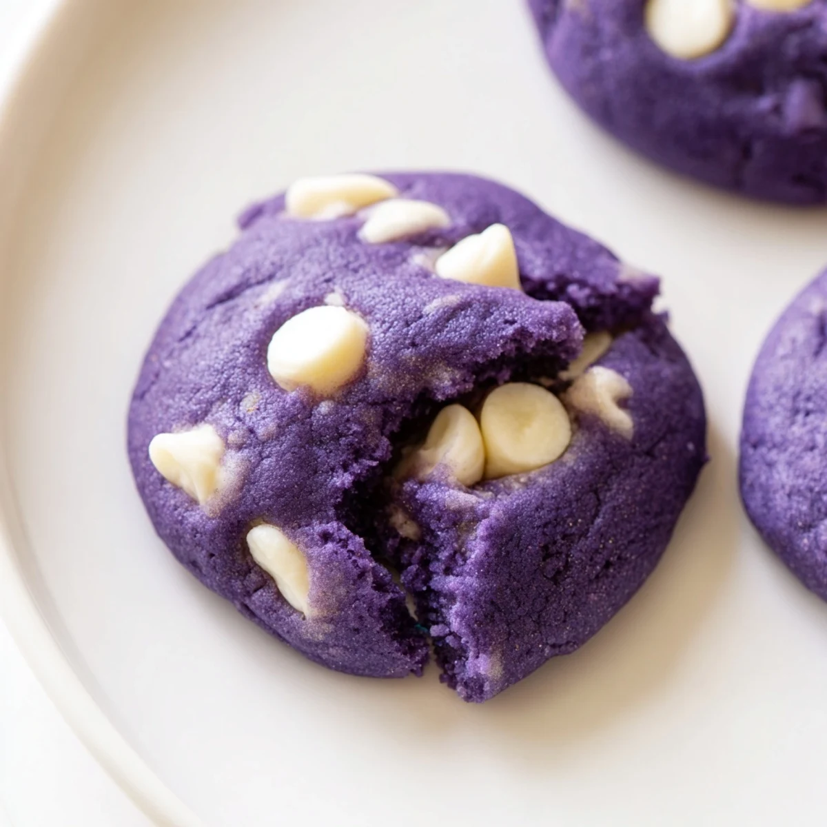 Batch of White Chocolate Ube Cookies with melted white chocolate chips, ready to serve on a ceramic plate.