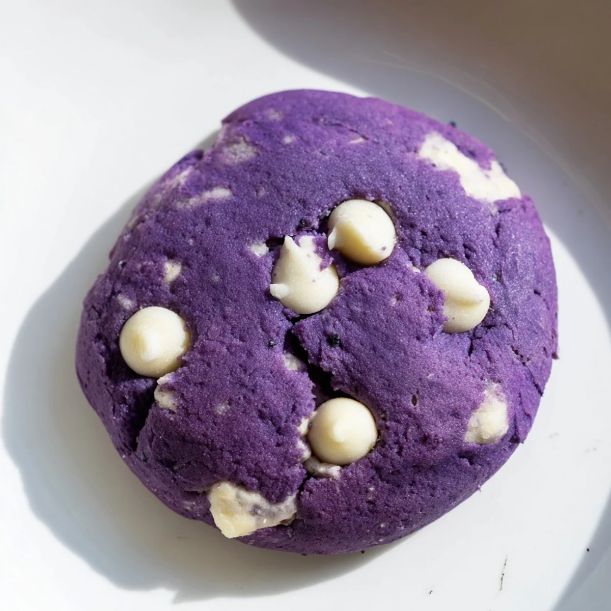Warm White Chocolate Ube Cookies showcase soft chewy texture and earthy ube flavor on a rustic wooden table.