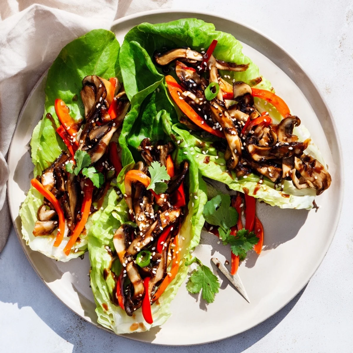Fragrant shiitake mushroom lettuce wraps topped with sesame seeds and cilantro, ready to serve with dipping sauce.