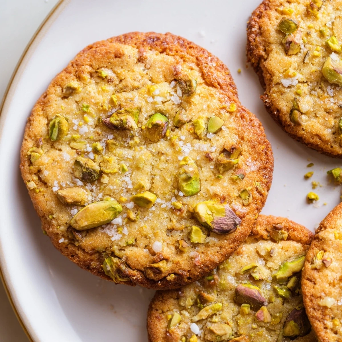 Freshly baked Salted Honey Pistachio Cookies on a cooling rack with tea.
