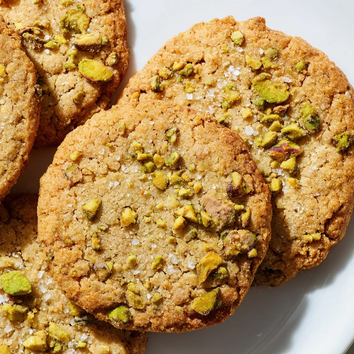 Warm Salted Honey Pistachio Cookies with cracked sea salt and chopped nuts.