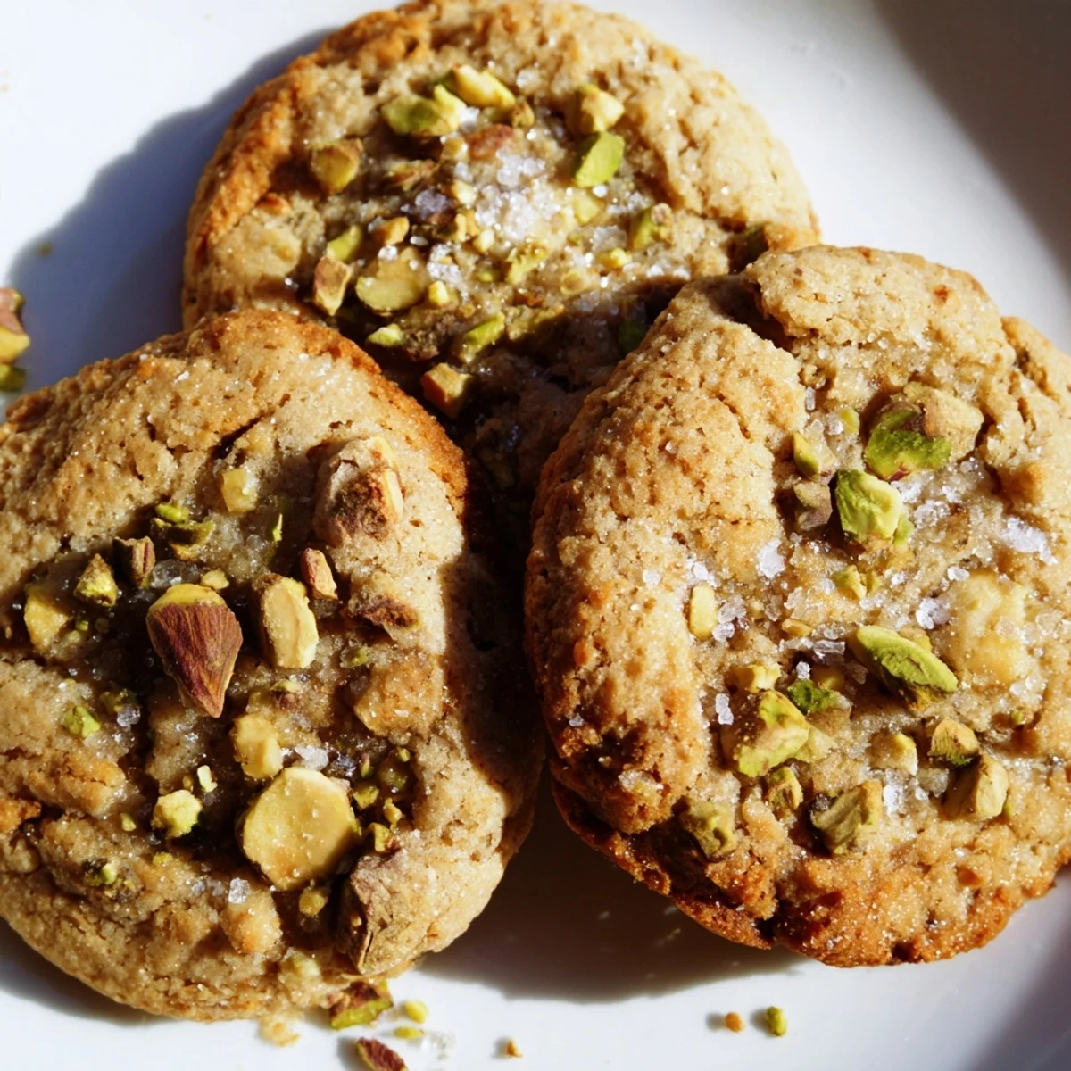 Golden Salted Honey Pistachio Cookies stacked on a marble board, ready to serve.