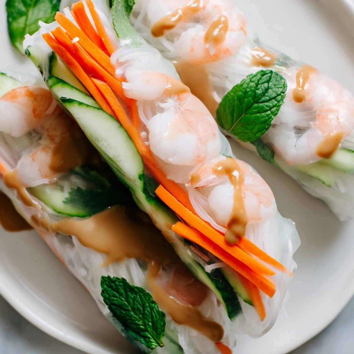 Fresh Vietnamese Spring Rolls with crisp veggies, herbs, shrimp, and peanut dipping sauce on a plate.