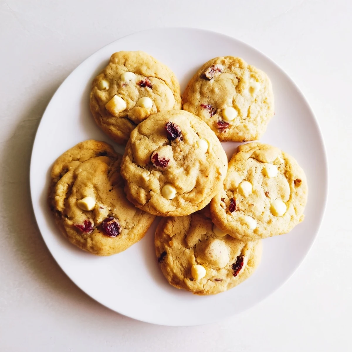Freshly baked White Chocolate Cranberry Cookies with gooey white chocolate and chewy cranberries on a cooling rack.