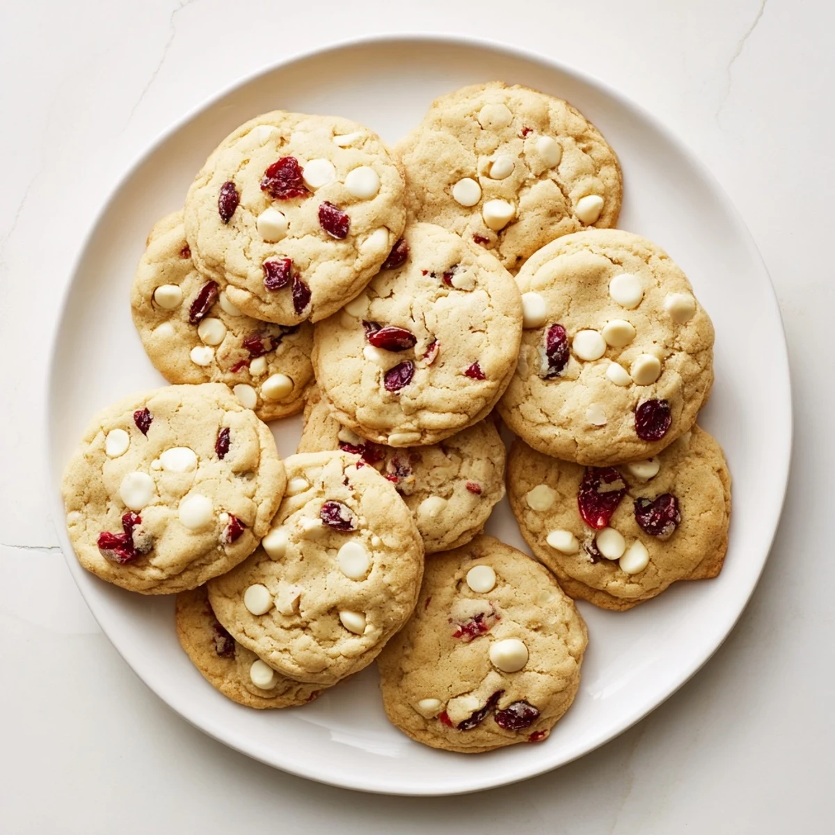 Stack of soft White Chocolate Cranberry Cookies ready to serve, featuring creamy chips and dried fruit.