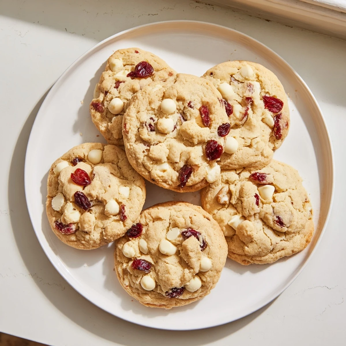 Warm White Chocolate Cranberry Cookies with golden edges and tart cranberry pieces on a rustic wooden table.