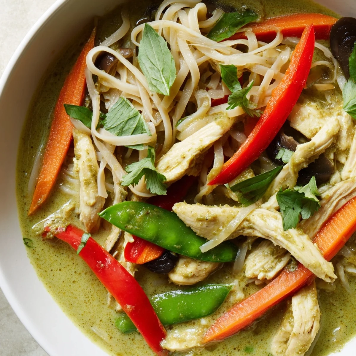 Tender chicken and rice noodles in spicy Thai Green Curry Chicken Noodle Soup with vibrant bell peppers and snap peas.