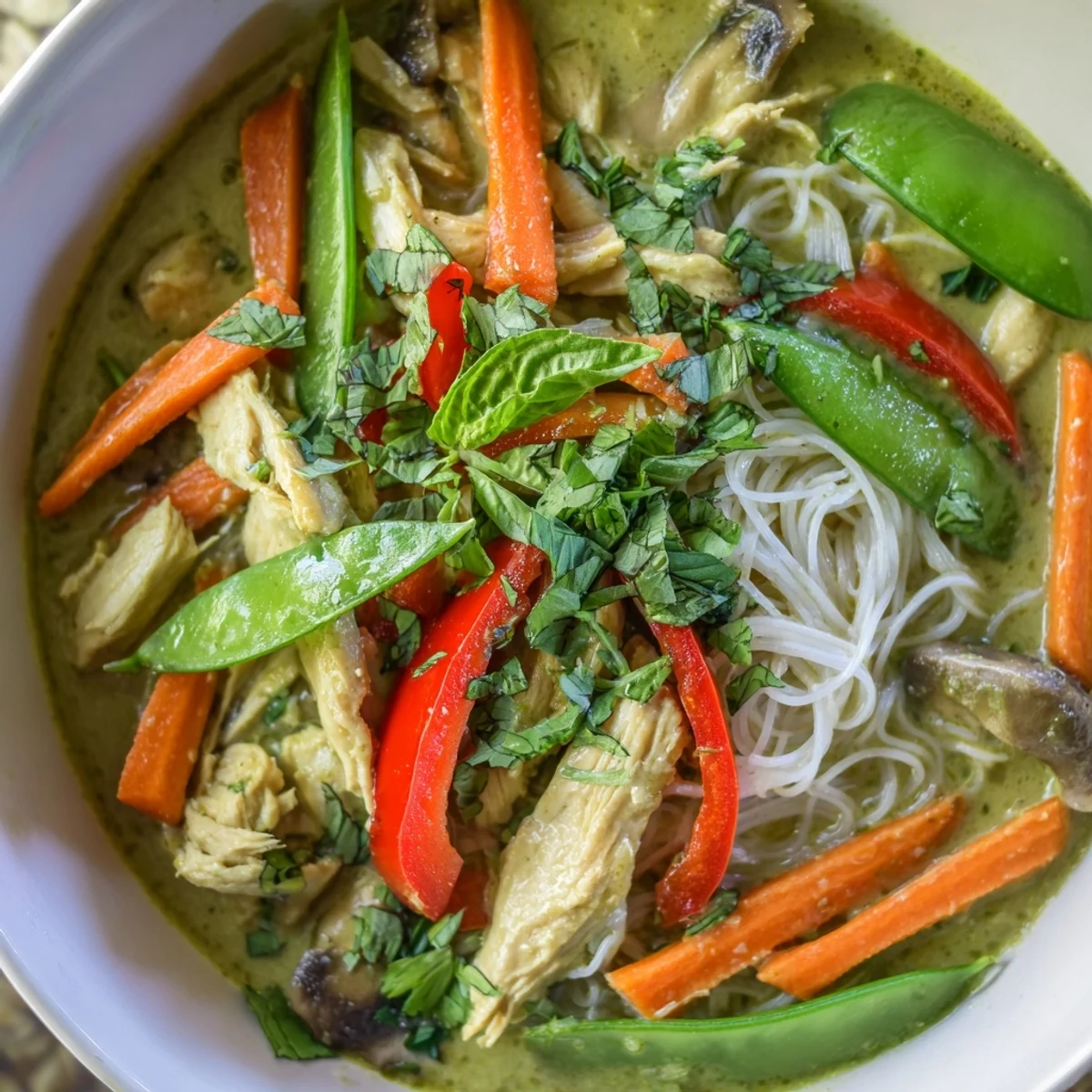 A steaming bowl of Thai Green Curry Chicken Noodle Soup garnished with fresh cilantro and lime wedges on a rustic table.