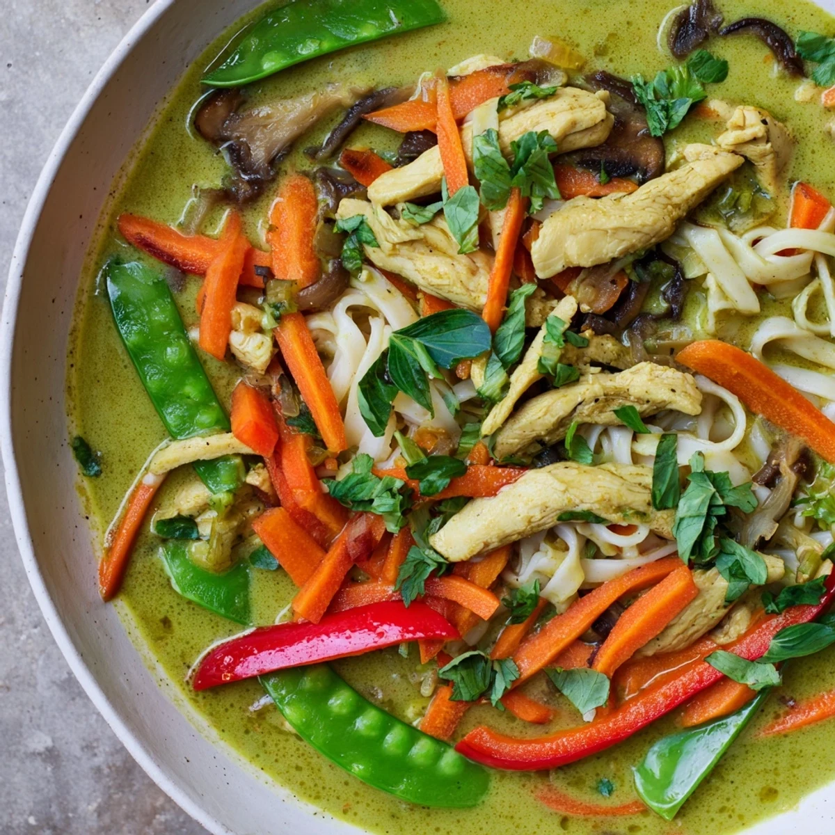 Creamy broth with julienned carrots and shiitake mushrooms highlights this Thai Green Curry Chicken Noodle Soup served in a white ceramic bowl.