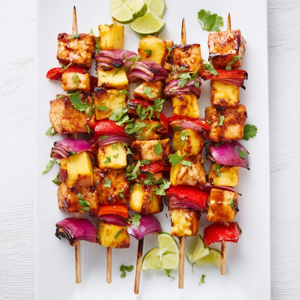 Juicy grilled chicken and pineapple BBQ skewers glistening with tangy sauce on a rustic wooden platter.