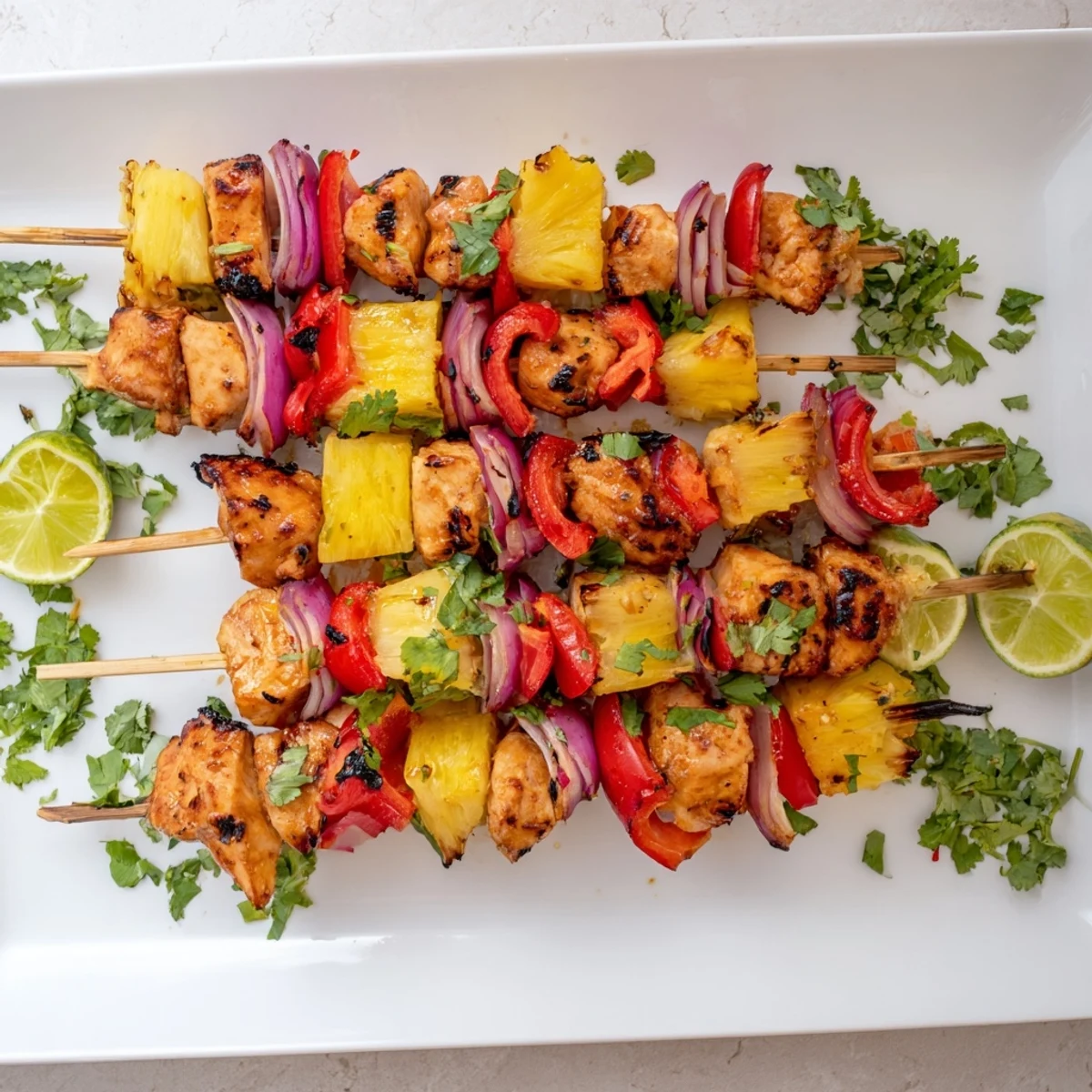 Golden brown Chicken and Pineapple BBQ Skewers sizzling over open flames, releasing smoky, sweet aromas.